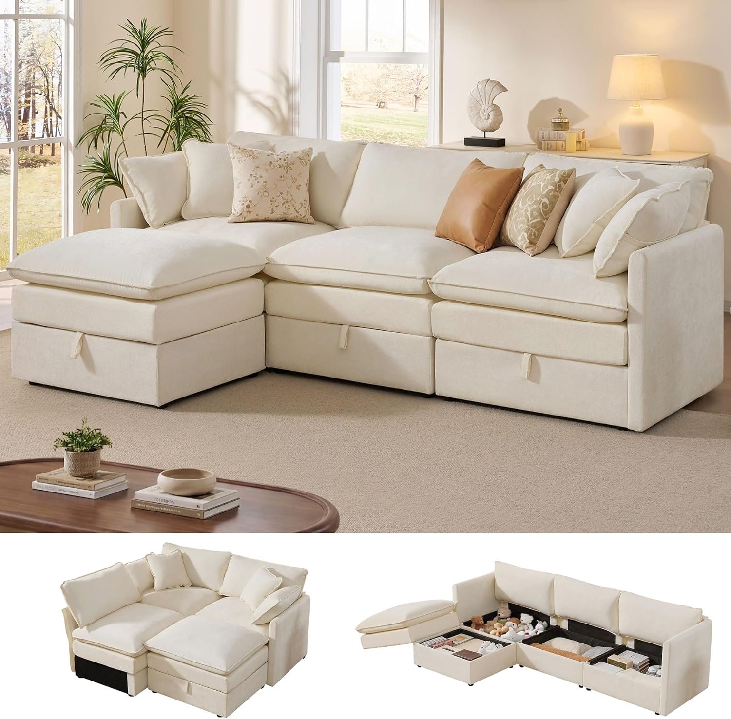 Ihanherry modular sectional sofa beige chenille L-shaped with storage ottomans