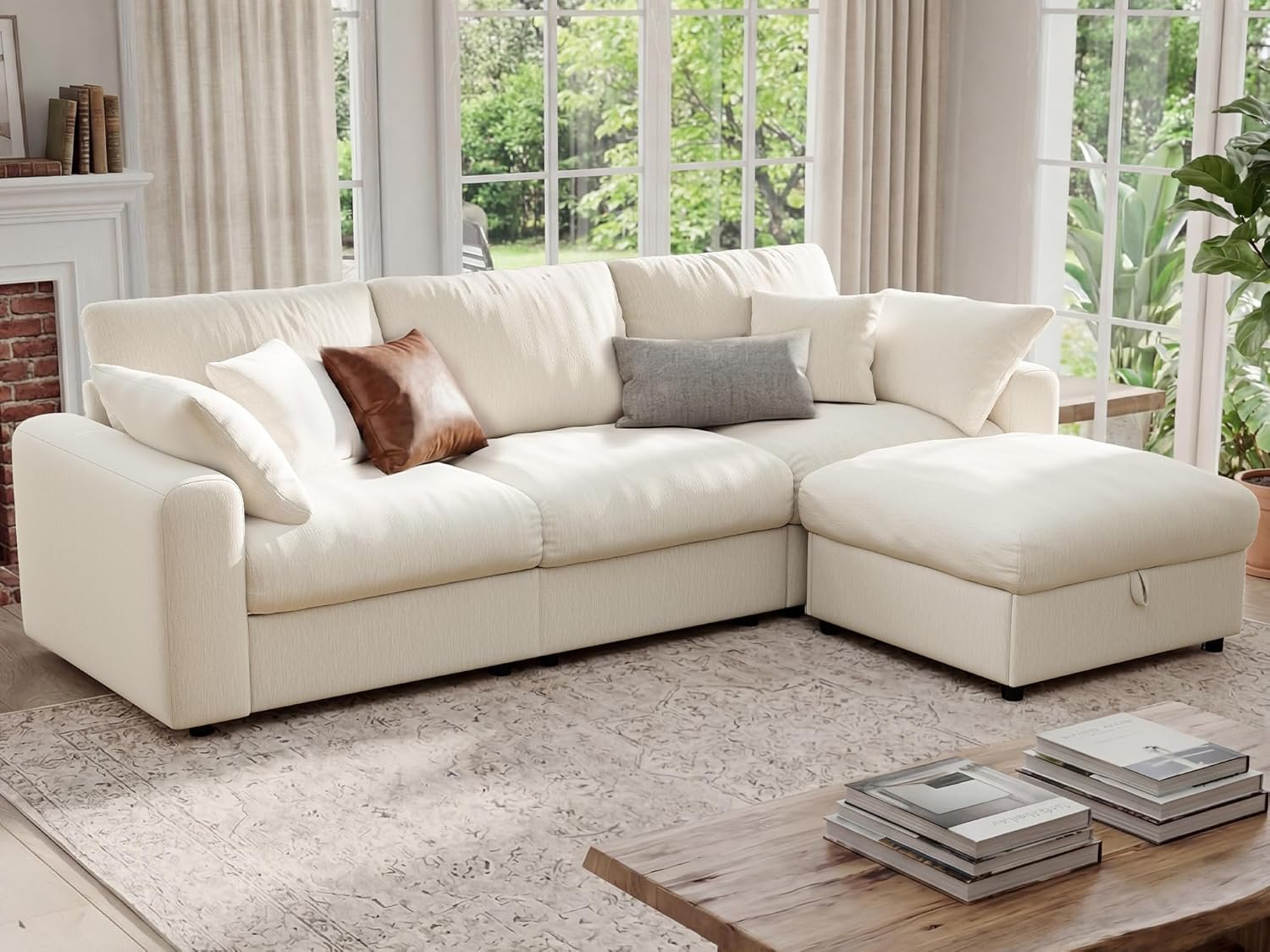 Ihanherry L-shaped cloud sectional sofa beige with storage ottoman