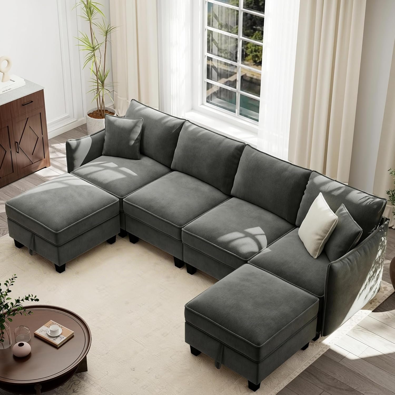 Ihanherry U-shaped sectional sofa dark grey chenille 6-seat with ottomans