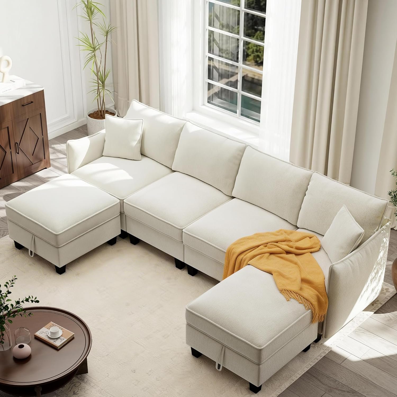 Ihanherry U-shaped sectional sofa beige chenille 6-seat with storage ottomans
