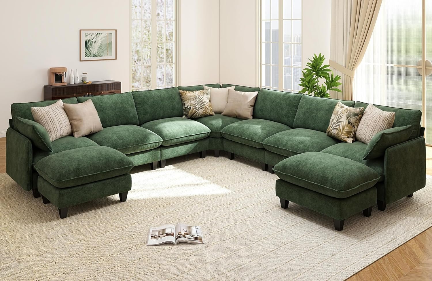 Ihanherry V-shaped oversized sectional sofa green chenille 9-seater