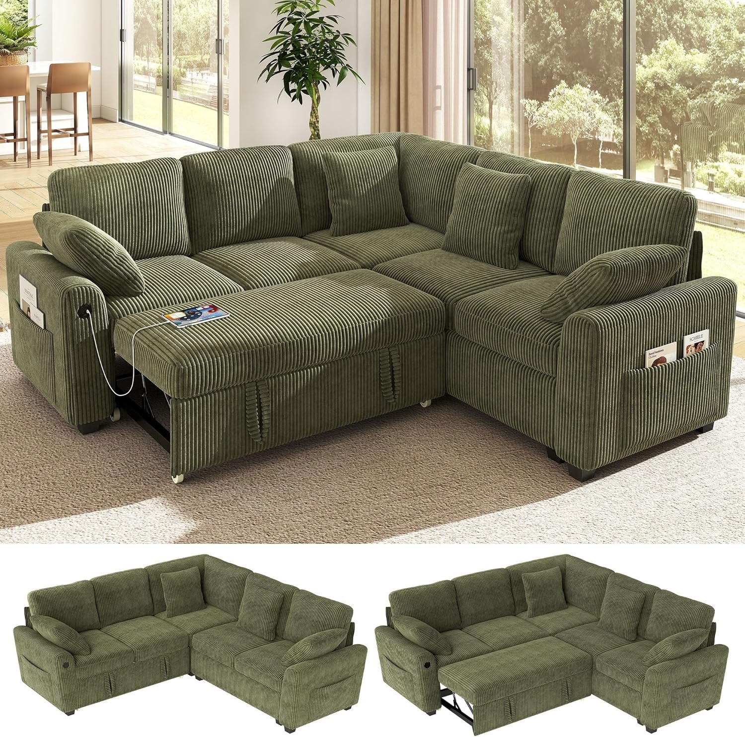 Ihanherry 83-inch green corduroy sleeper sectional sofa with USB port